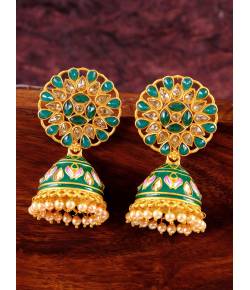 Crunchy Fashion Gold-Plated Bollywood Style Green Kundan Work  Jhumka Earrings RAE1108