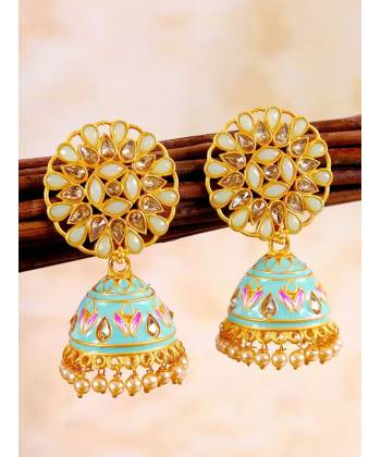 Gold-Plated Royal Rajasthani Floral Kundan Green Meenakari Jhumka Earrings RAE1110