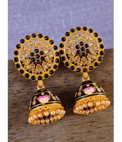 Traditional Gold-Plated Round Floral Meenakari Black Jhumka Earrings RAE1111