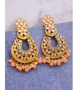 Traditional Gold- Plated Double Floral  Pink Color Dangler Earrings RAE1120