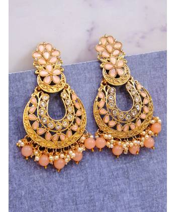 Traditional Gold- Plated Double Floral  Pink Color Dangler Earrings RAE1120