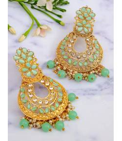 Traditional Gold- Plated SeaGreen Color Double Floral Dangler Earrings RAE1123