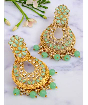 Traditional Gold- Plated SeaGreen Color Double Floral Dangler Earrings RAE1123