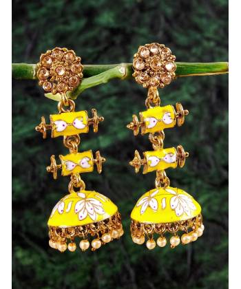 Long Gold Plated Royal  Rajasthani  Yellow Design Double Step Layered Kundan Jhumka Earring RAE1131