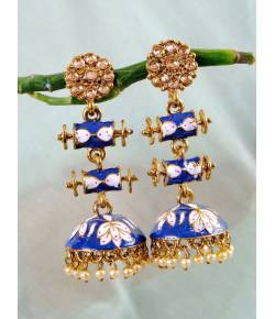 Long Gold Plated Royal  Rajasthani Design Double Step Blue Layered Kundan & Meenakari Jhumka Earring  RAE1132