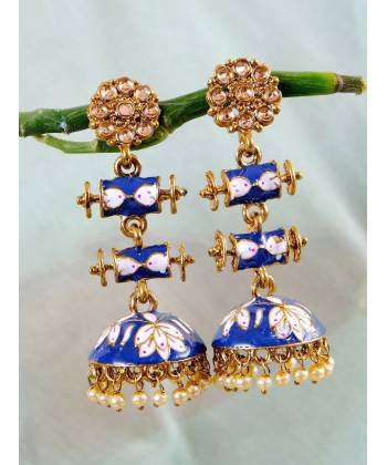 Long Gold Plated Royal  Rajasthani Design Double Step Blue Layered Kundan & Meenakari Jhumka Earring  RAE1132