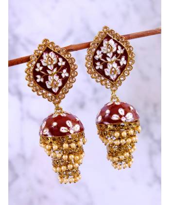 Traditional Gold-Plated Maroon Meenakari Layered Jhumki Pearl Earrings RAE1134