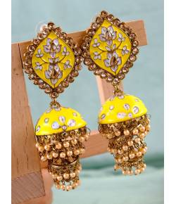 Traditional Gold-Plated Yellow Meenakari Layered Jhumki Pearl Earrings RAE1135