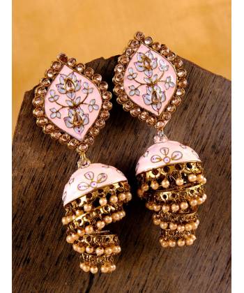 Traditional Gold-Plated Light Pink Meenakari Layered Jhumki Pearl Earrings RAE1136