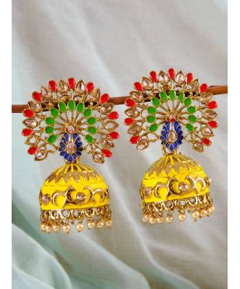 Beautiful Meenakari Peacock Inspired Gold-Plated Yellow-Multicolor Jhumka Earrings RAE1138