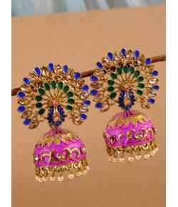 Beautiful Meenakari Peacock Inspired Gold-Plated Royal  Pink-Multicolor Jhumka Earrings RAE1139