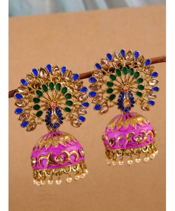 Beautiful Meenakari Peacock Inspired Gold-Plated Royal  Pink-Multicolor Jhumka Earrings RAE1139