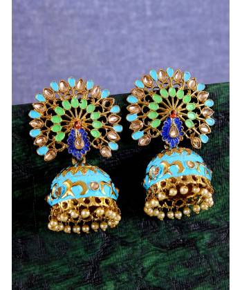 Beautiful Meenakari Peacock Inspired Gold-Plated Blue-Multicolor Jhumka Earrings RAE1141