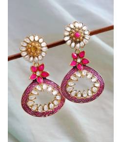 Designer Gold-Plated Kundan Floral Pink Oval Earrings RAE1147