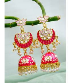 Ethnic Gold-Plated Lotus Style Pink Meenakari Jhumka Earrings