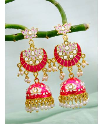 Ethnic Gold-Plated Lotus Style Pink Meenakari Jhumka Earrings