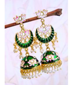 Gold-Plated Lotus Style Green Meenakari Jhumka Earrings