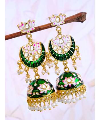 Gold-Plated Lotus Style Green Meenakari Jhumka Earrings