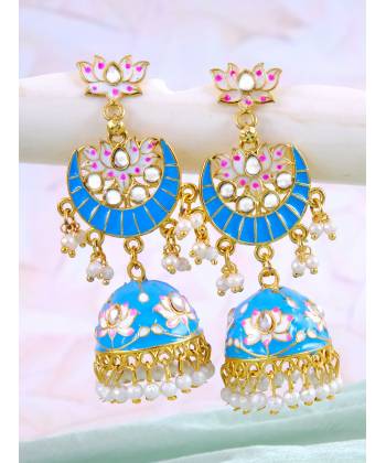 Gold-Plated Lotus Style Aqua Blue Meenakari Jhumka Earrings