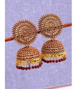 Gold-Plated Round Designs Maroon Pearls Jhumka Earrings RAE1160