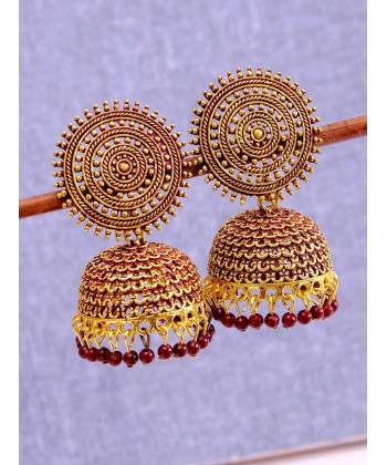 Gold-Plated Round Designs Maroon Pearls Jhumka Earrings RAE1160