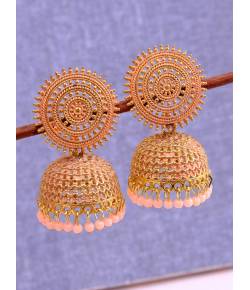 Gold-Plated Round Designs Peach Color Pearls Jhumka Earrings RAE1161