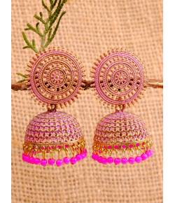 Gold-Plated Round Designs Pink Pearls Jhumka Earrings RAE1163