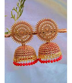 Gold-Plated Round Designs Red  Pearls Jhumka Earrings RAE1164