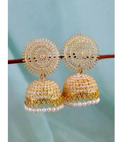 Gold-Plated Round Designs White Pearls Jhumka Earrings RAE1165