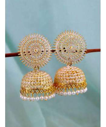 Gold-Plated Round Designs White Pearls Jhumka Earrings RAE1165