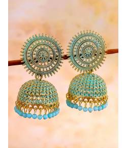 Gold-Plated Round Designs Sky Blue Pearls Jhumka Earrings RAE1167