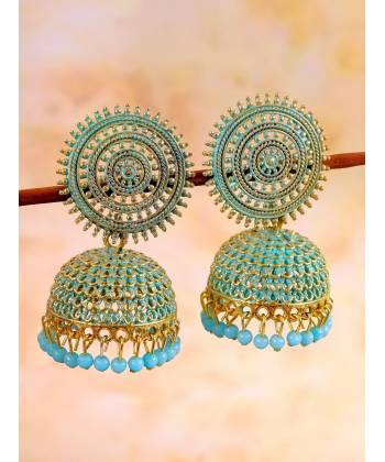 Gold-Plated Round Designs Sky Blue Pearls Jhumka Earrings RAE1167