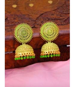 Gold-Plated Round Designs Green Pearls Jhumka Earrings RAE1168