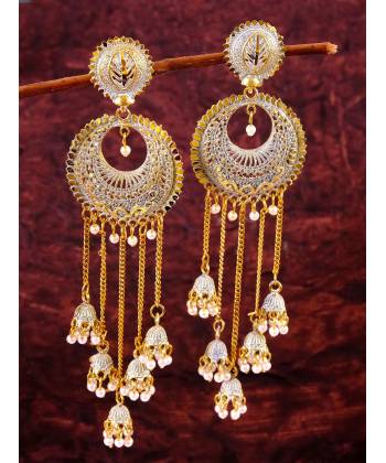 Gold-Plated White Beaded Designer Dangler Multilayer  Jhumkas Earrings RAE1175