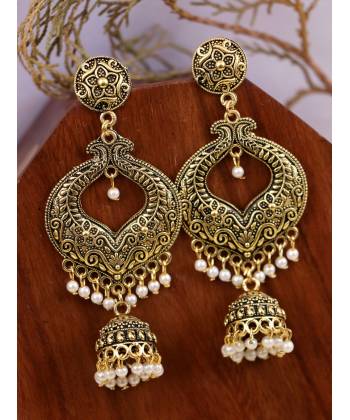 Traditional Gold-Plated antique work Jhumka Earrings With White Pearls RAE1184