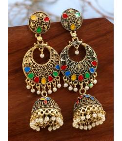 Oxidised  Gold-plated Antique Multicolor Jhumka Earrings RAE1185