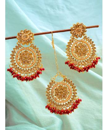 Gold-Plated Round Floral  Red Pearl Earrings With Maang Tika Set  RAE1196