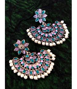 Oxidized Silver Multicolor Stones/Pearls Dangle Earrings For Women/Girl's