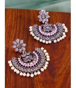 Oxidized Silver Multicolor Stones/Pearls Earrings For Women/Girl's