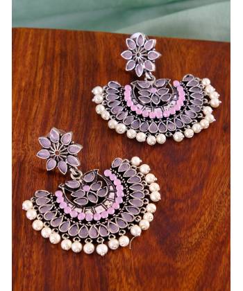Oxidized Silver Multicolor Stones/Pearls Earrings For Women/Girl's