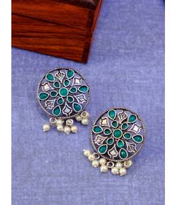 Oxidized Silver Round Floral Green Kundan Design With White Pearl Earrings RAE1207