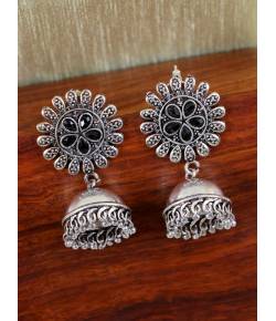 Oxidized Silver Black Stone Floral Jhumka Earrings for Women/Girls