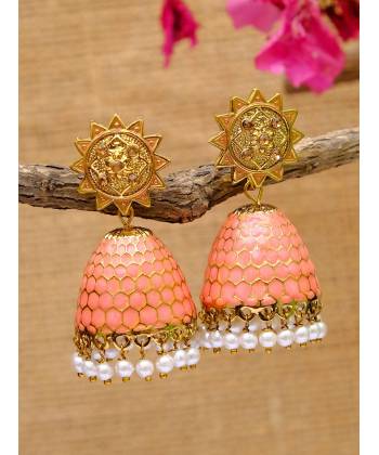 Gold-Plated Crystal and Pearl Pink Jhumka Earrings For Women/Girl's 