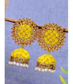 Gold-Plated Kundan Yellow Sunflower Shape Round Earrings RAE1213