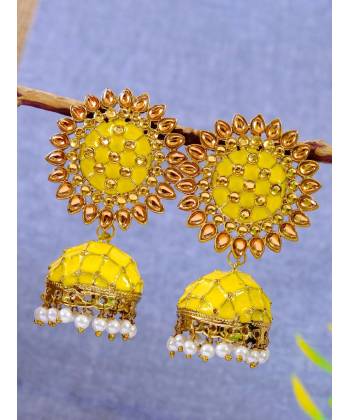 Gold-Plated Kundan Yellow Sunflower Shape Round Earrings RAE1213