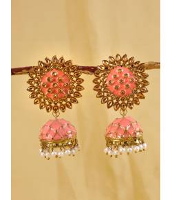 Gold-Plated Kundan Pink Sunflower Shape Round Earrings RAE1214
