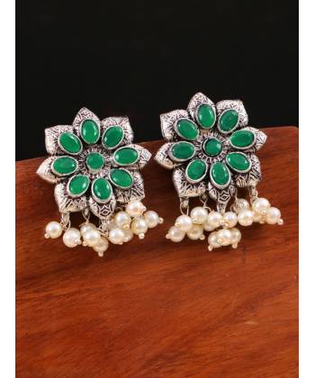 Oxidised Silver Floral Stud Green Earrings For Women/Girl's 