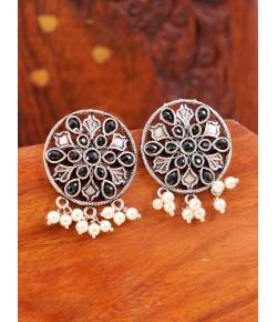 Black Crystal Oxidised Silver Floral Stud Earrings for Women/Girls"