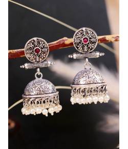 Oxidised Silver Red Stone Jhumka Eat=rring For Women/Girl's 
