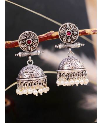 Oxidised Silver Red Stone Jhumka Eat=rring For Women/Girl's 